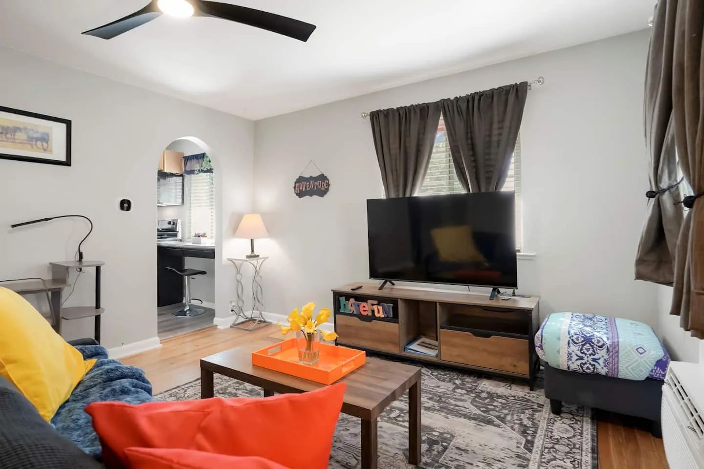 Living room with a 55-inch Roku TV and ceiling fan