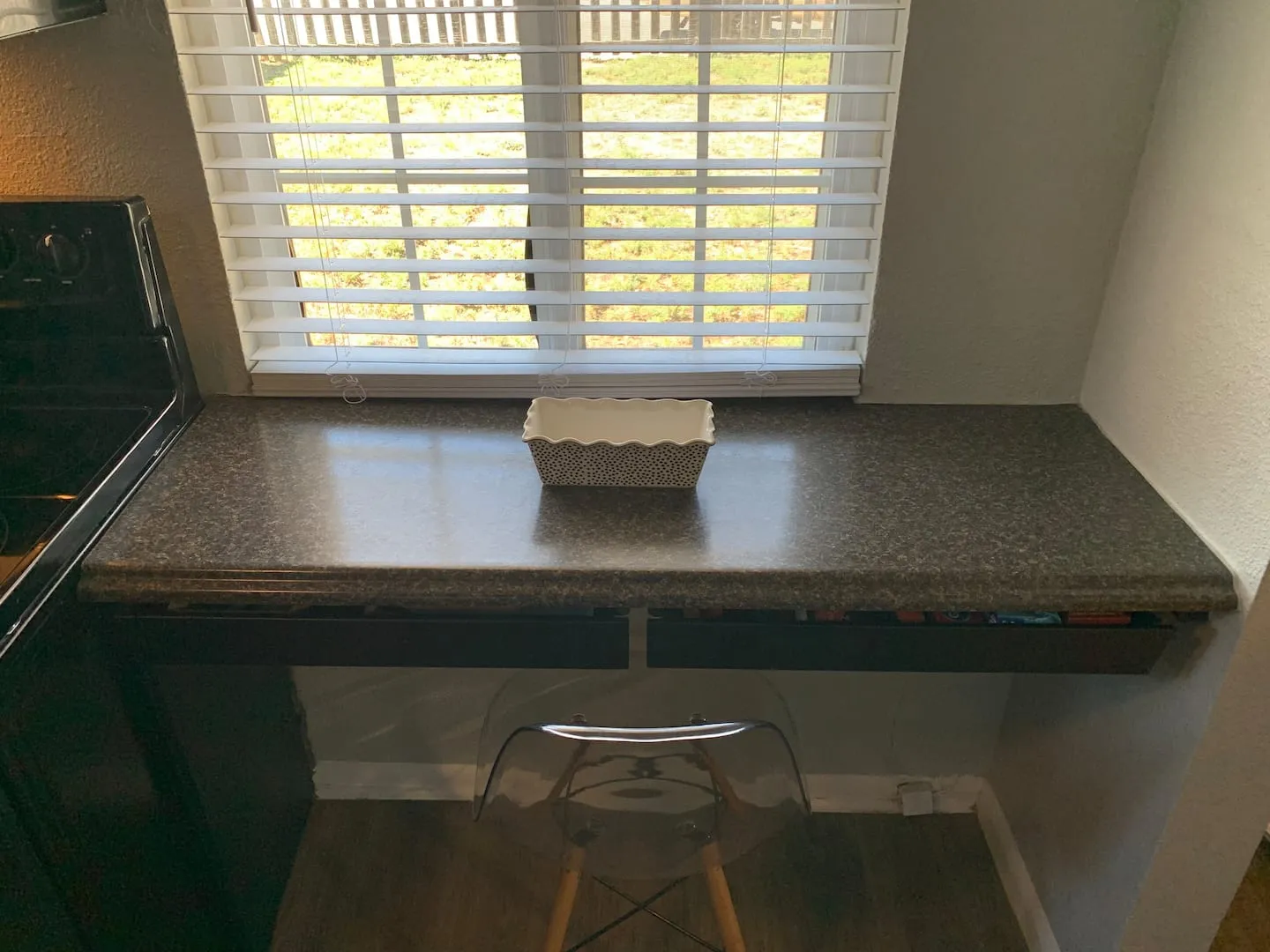Window counter with seating for morning coffee
